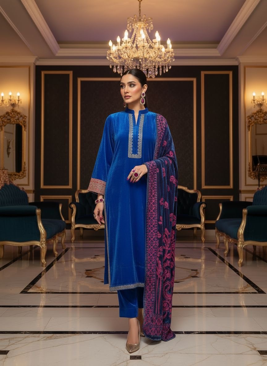 Royal Blue Embroidered Velvet 3 Pcs Dress with Palachi Shawl