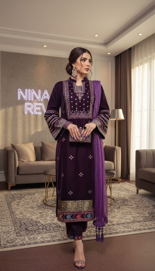 Bohemia burgundy Velvet Embroidered 3 Pcs Dress