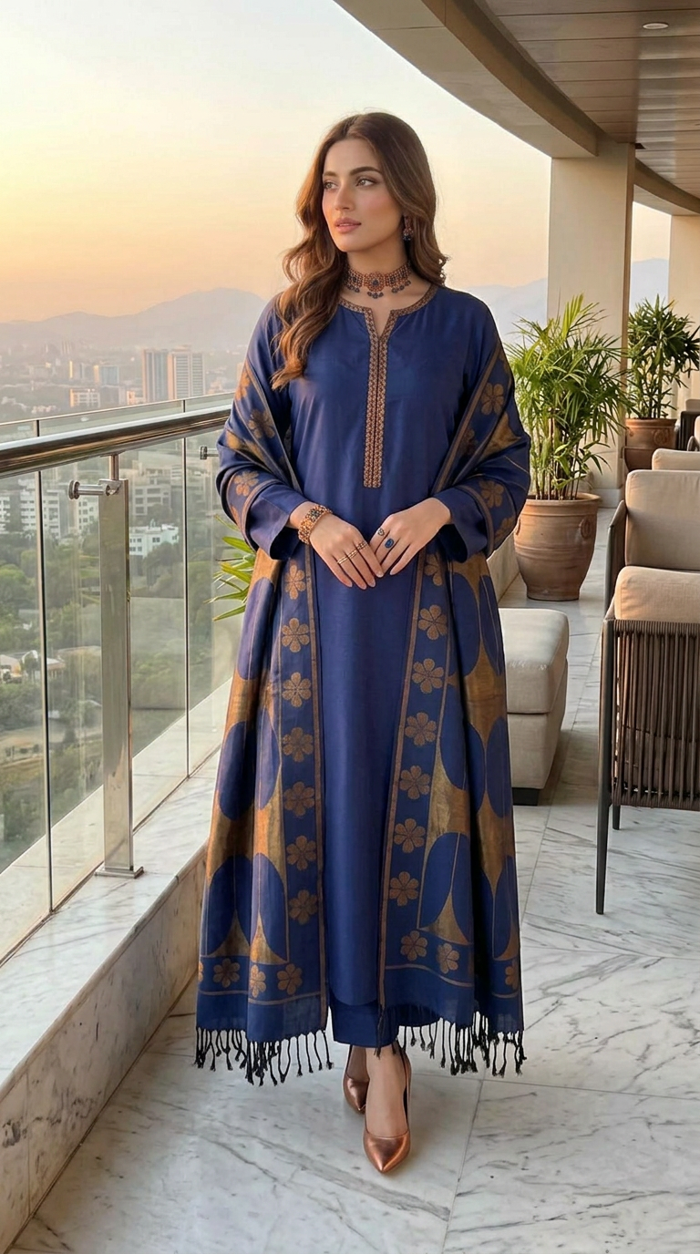 Bronze and Blue Kani shawl Ready to Wear 3 Pcs Dress