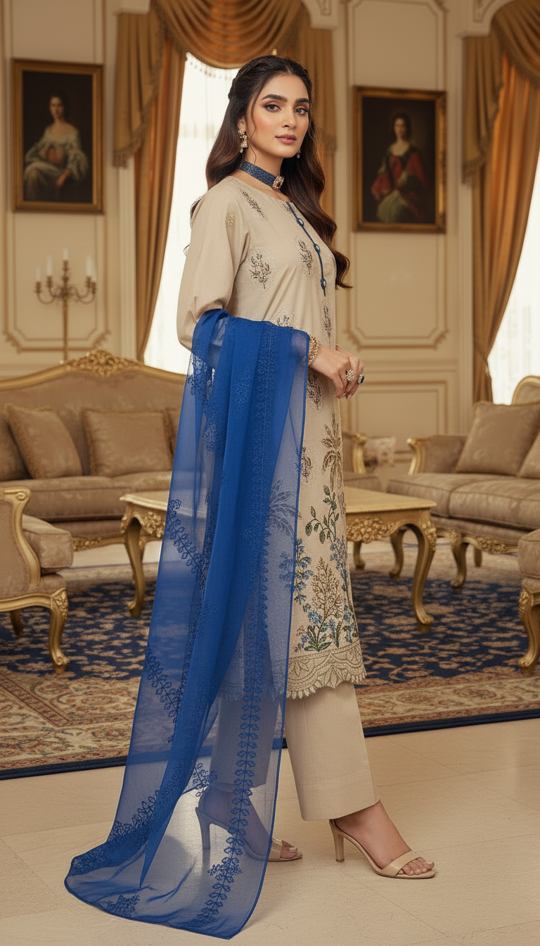 Beige and Blue Ready to Wear 3 Pcs Embroidered Dress