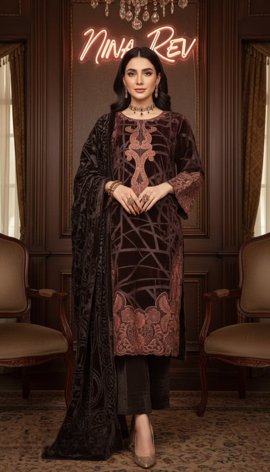 Lyra Brown French Velvet Embroidered 3 Pcs Dress with Palachi shawl