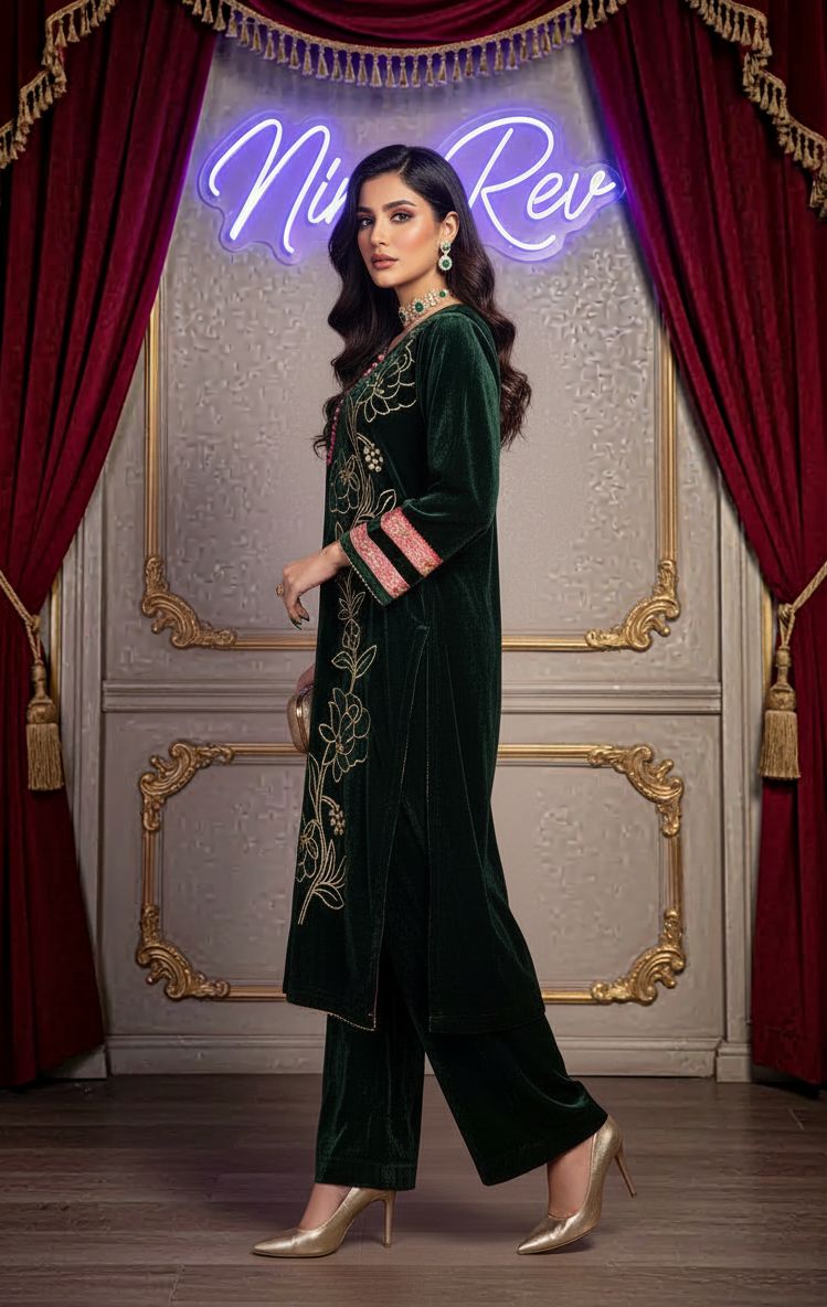 Karam Green Velvet Ready to Wear 2 Pcs Embroidered Dress