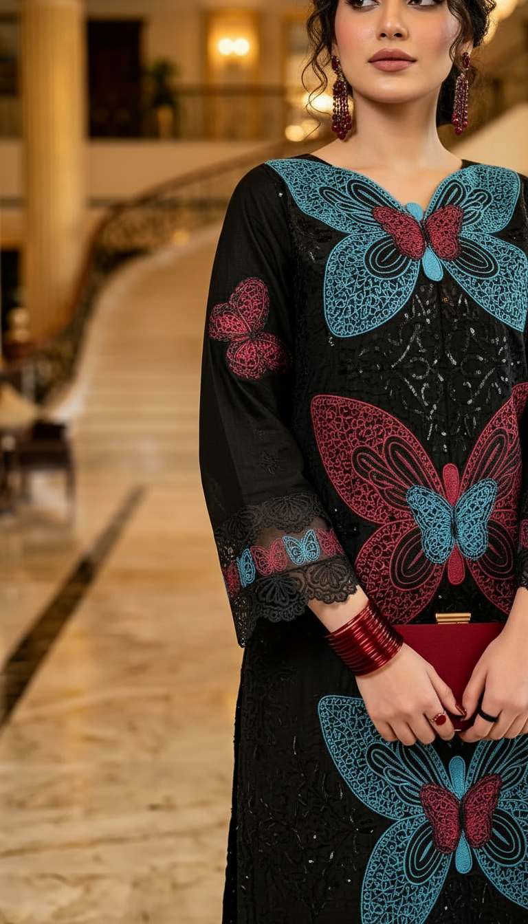 Black Butterfly Fully Embroidered 2 Pcs Kaftan Dress