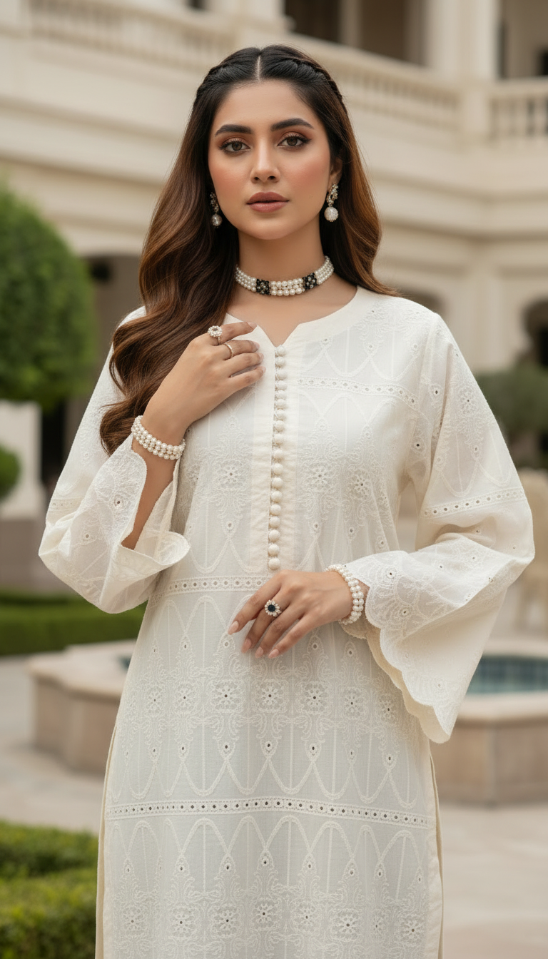 Humna Cream Chikankari Ready to Wear 2 Pcs Dress