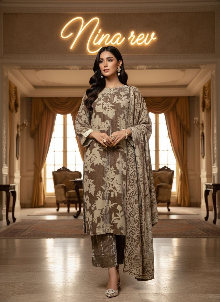 Sehar French Velvet 3 Pcs Dress with Velvet Shawl