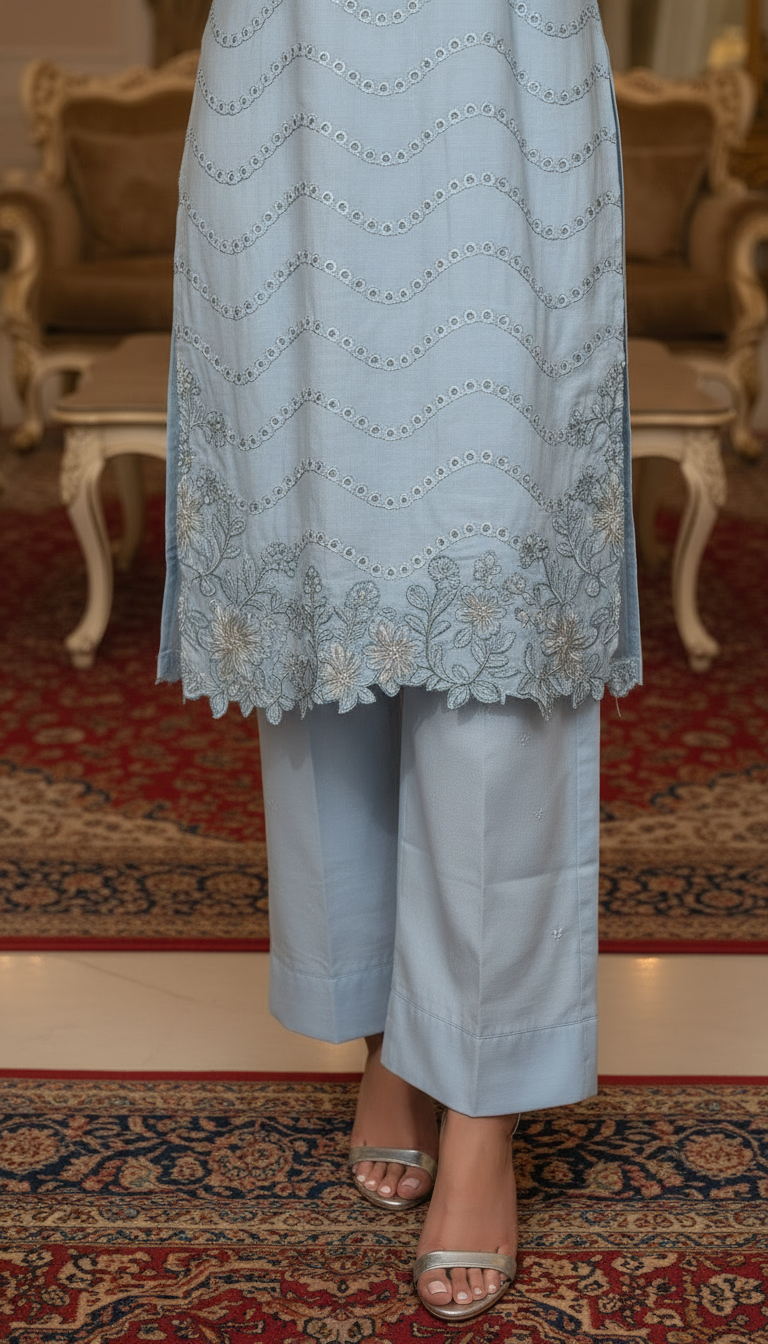 Sky Blue Chikankari Ready to Wear 3 Pcs Embroidered Dress