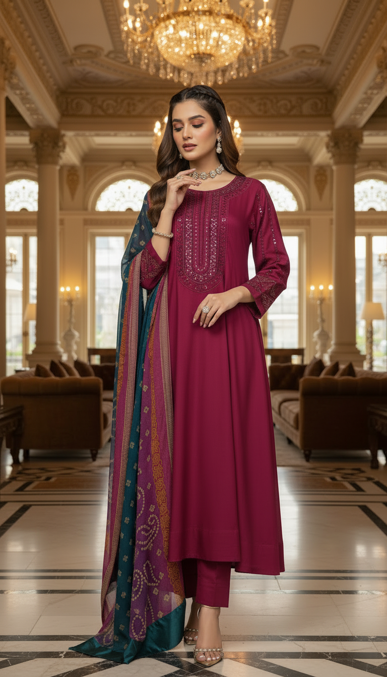 Tabeer Red Ready to Wear 3 Pcs Embroidered Dress