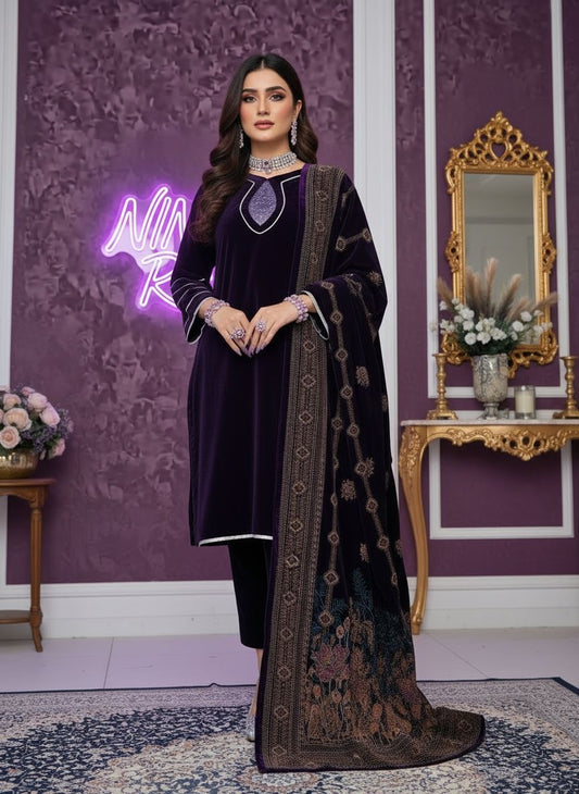 Umasha Ready to Wear Velvet 3 Pcs Dress with Block printed Shawl