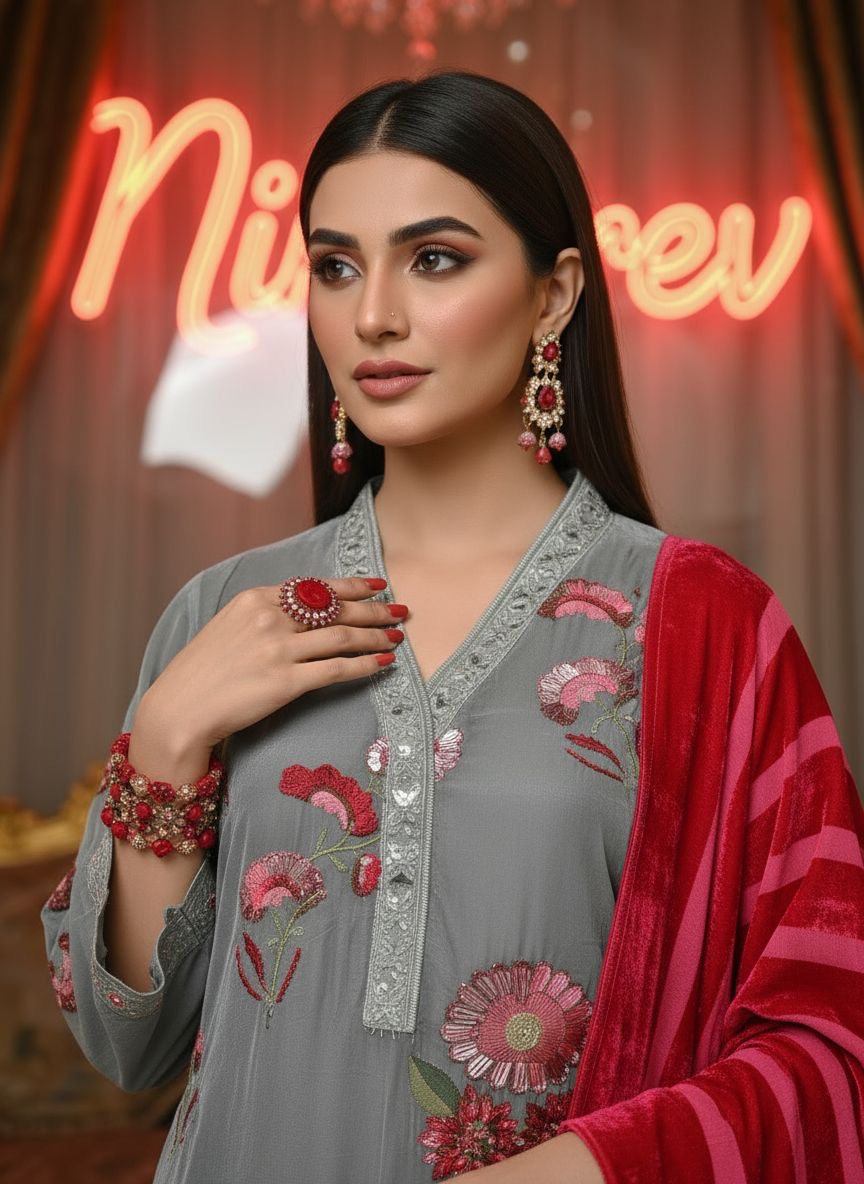 Nudrat Grey Velvet Ready to Wear 3 pcs Embroidered Dress with Palachi Shawl
