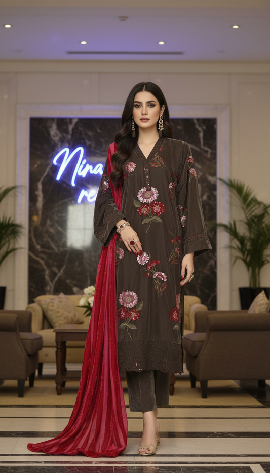 Grey Mist Velvet 3 Pcs Embroidered Dress with Palachi shawl