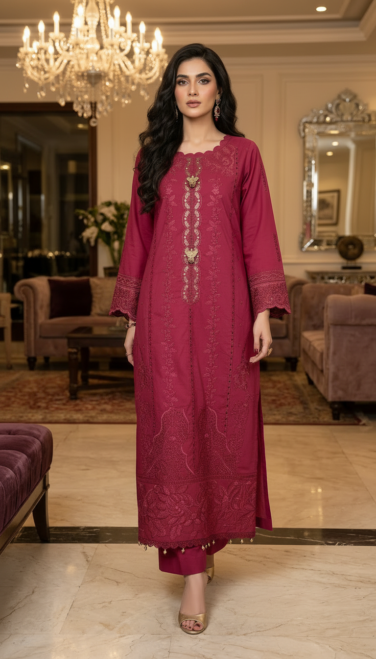 Jenia Pink Fully Embroidered 2 Pcs Kaftan Dress