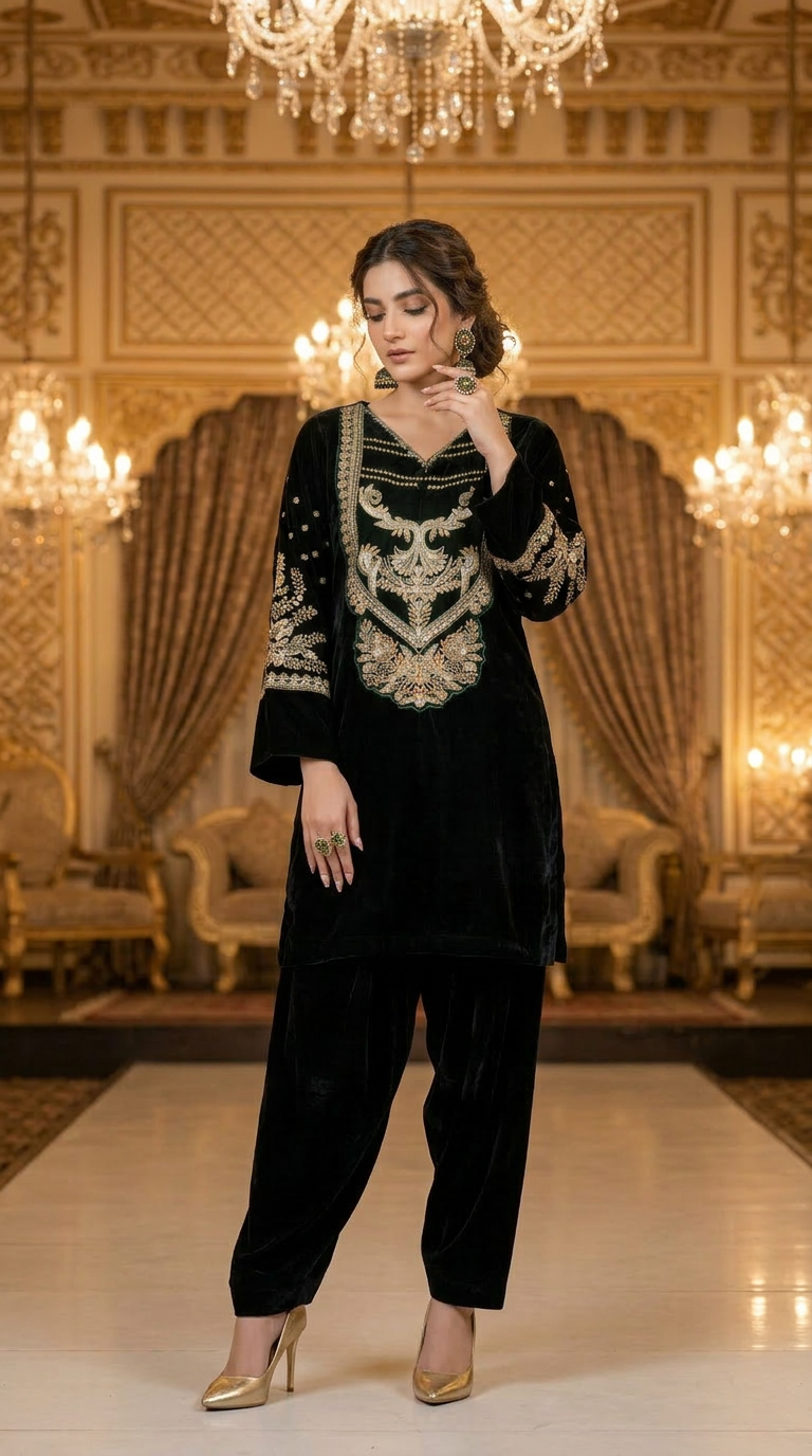 Saloni Ready to Wear 2 Pcs Velvet Embroidered Dress
