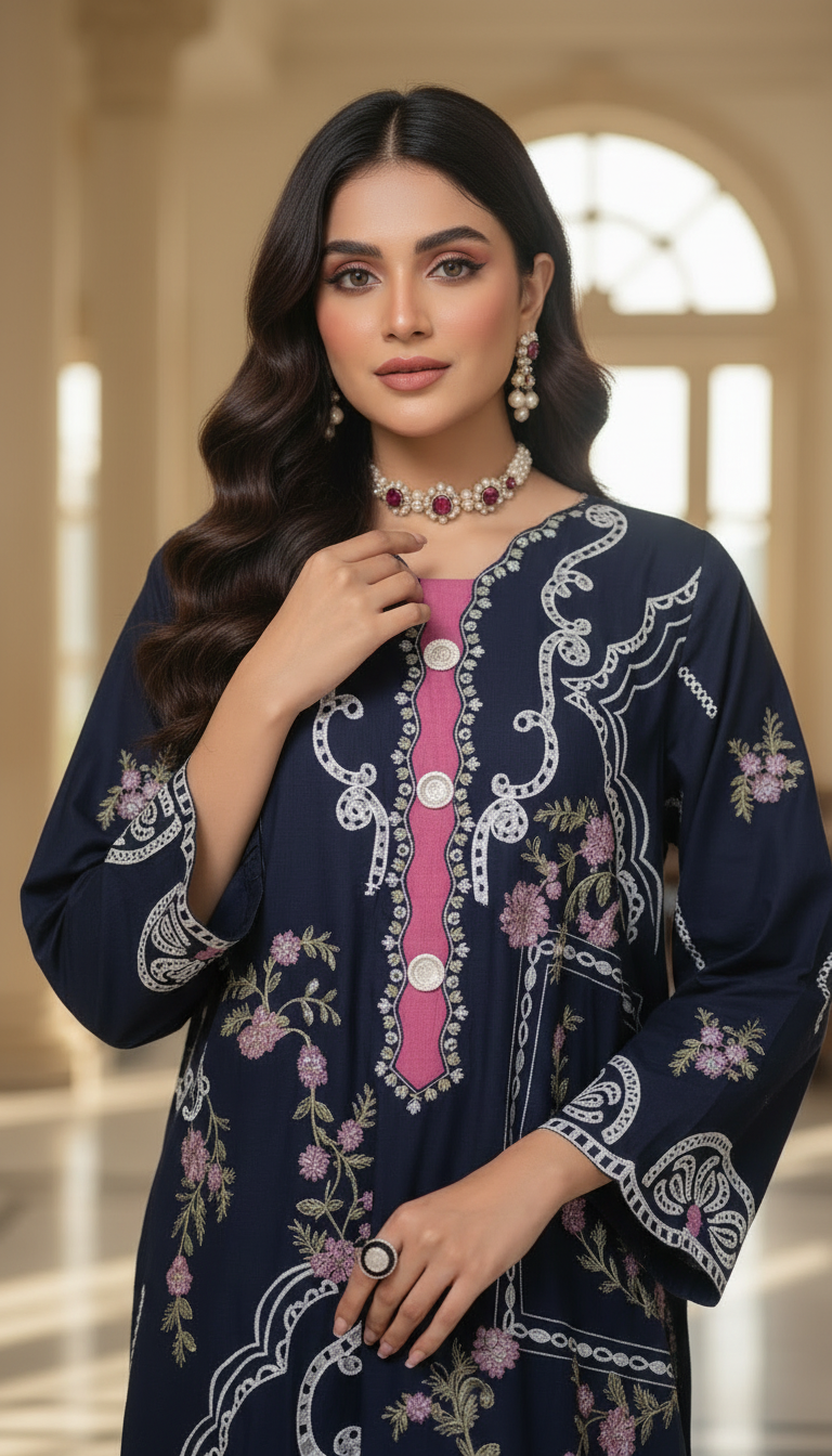 Afghan Navy Embroidered 2 Pcs Kaftan Dress