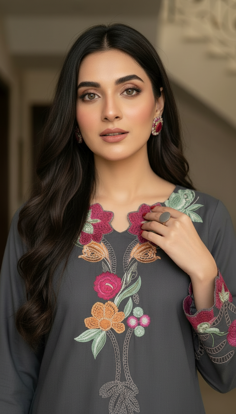 Grey Nirmala Ready to Wear 2 Pcs Embroidered Kaftan dress