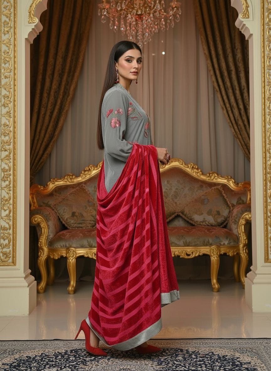 Nudrat Grey Velvet Ready to Wear 3 pcs Embroidered Dress with Palachi Shawl