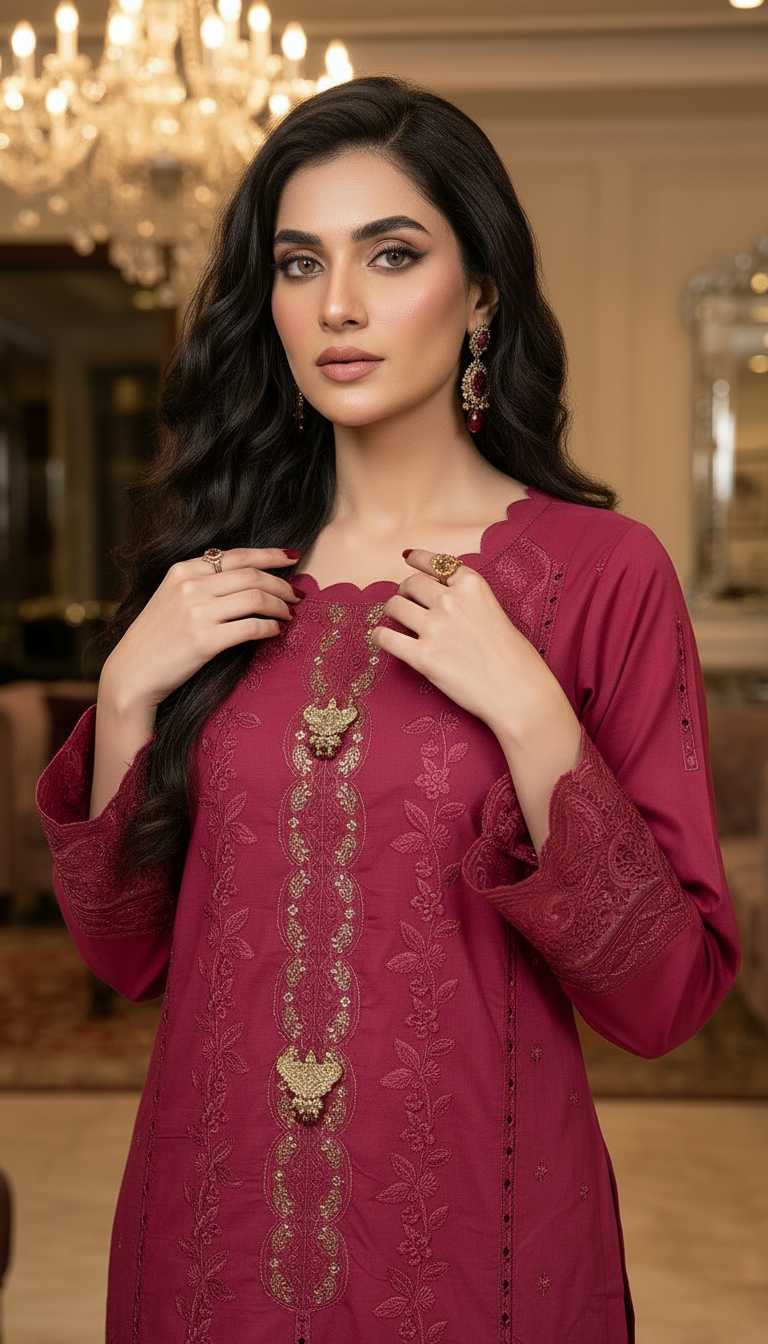 Jenia Pink Fully Embroidered 2 Pcs Kaftan Dress