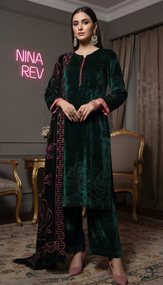 Zinnia French Velvet Green 3 Pcs Dress with Palachi Shawl