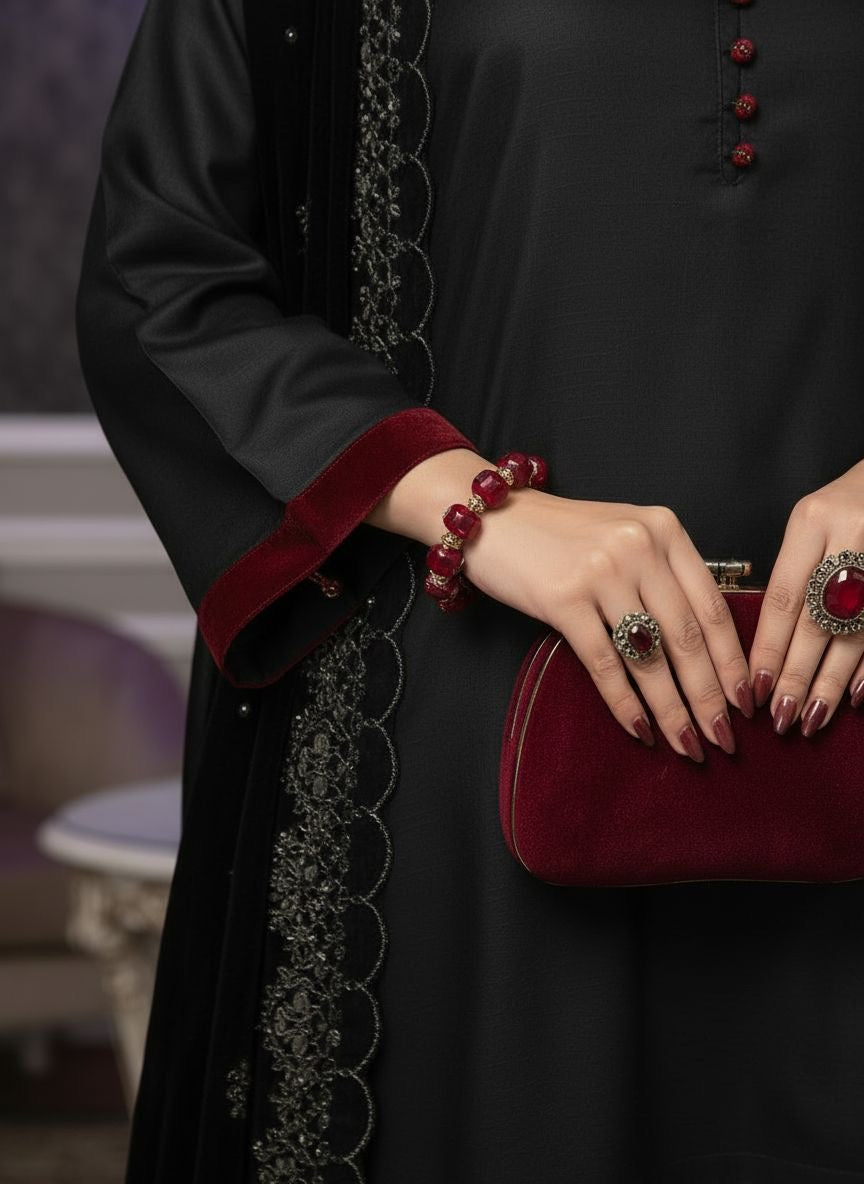 Kamli Black Ready to Wear 3 Pcs Dress With Velvet Shawl