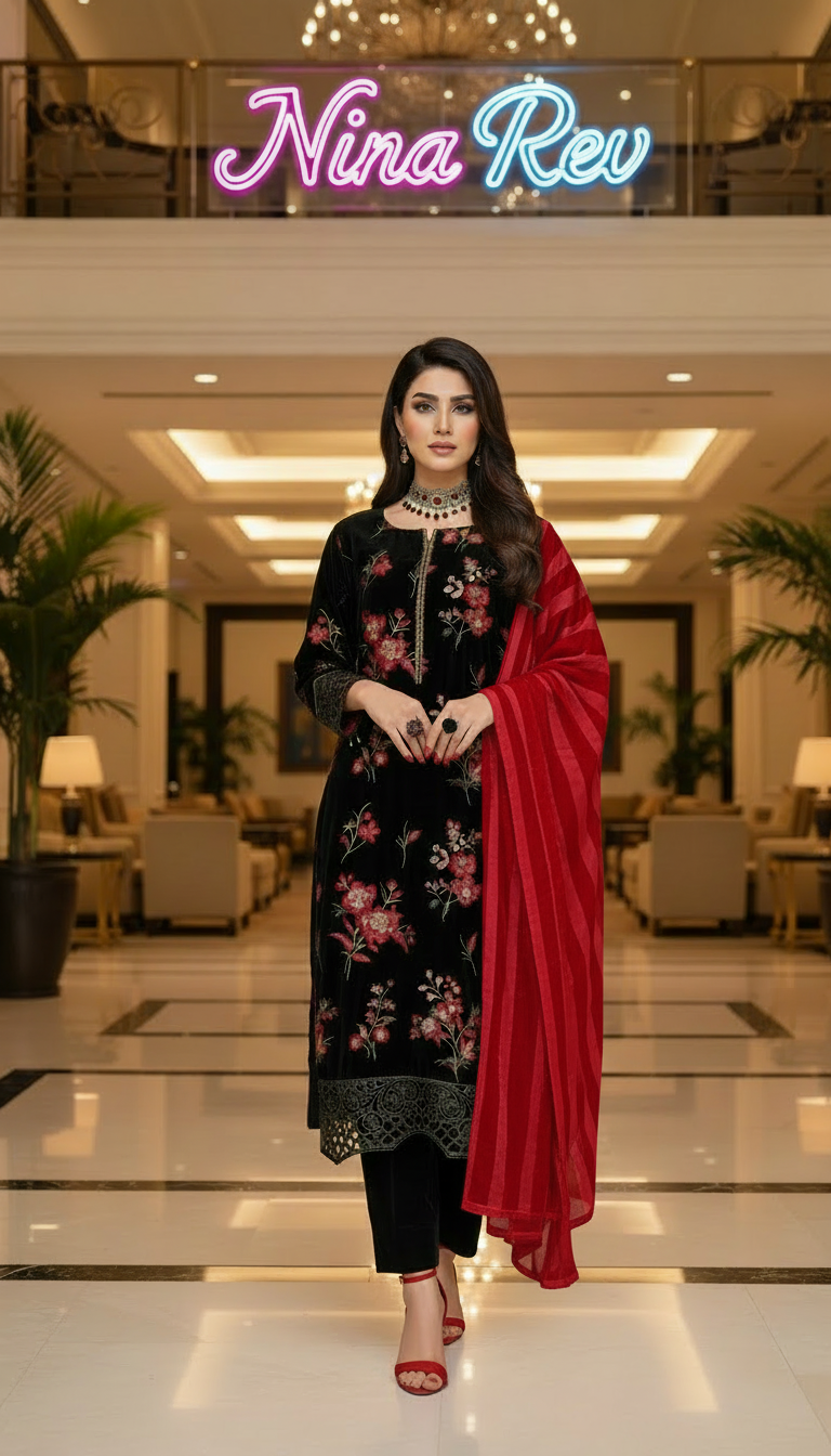 Black Shimmer Velvet Ready to Wear 3 Pcs Embroidered Dress