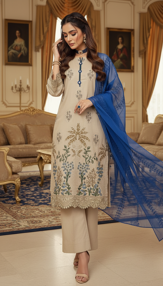 Beige and Blue Ready to Wear 3 Pcs Embroidered Dress