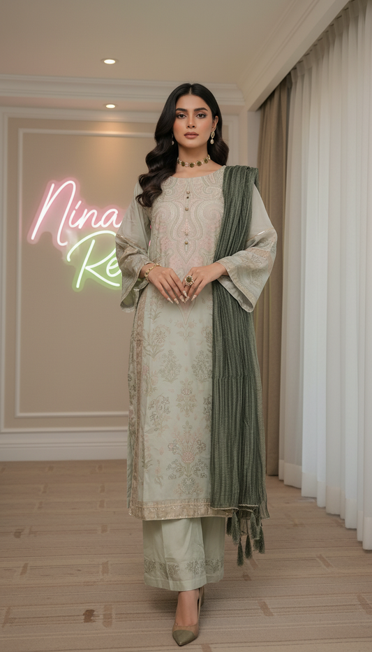 Mint Pearl Tussar Silk Ready to Wear 3 Pcs Dress