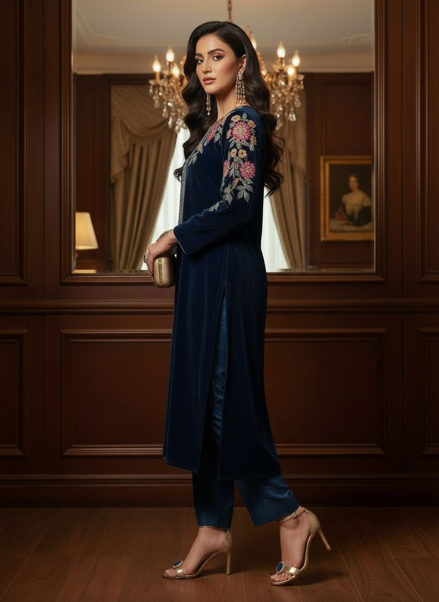 Haniya Teal Velvet Embroidered 2 Pcs Dress