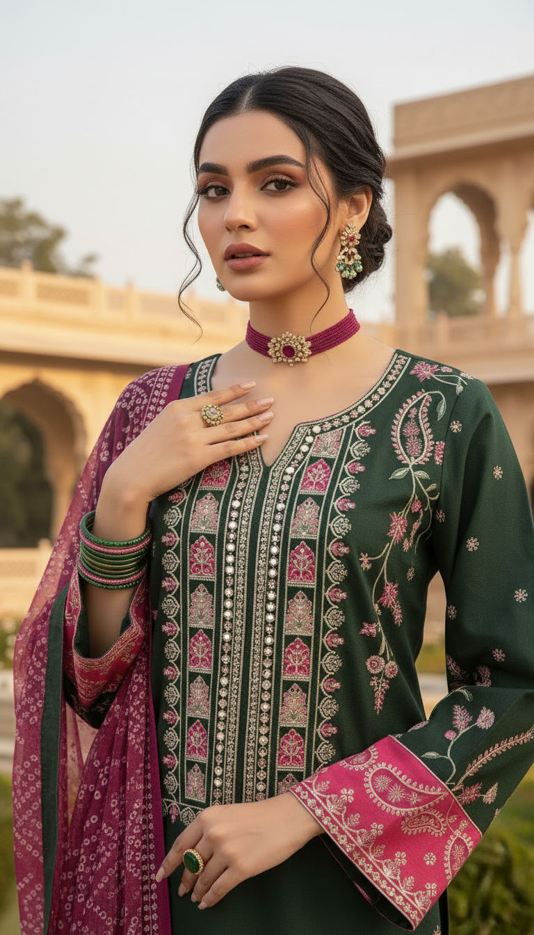 Green Grace Fully Embroidered 3 Pcs Dress with Chiffon dopatta