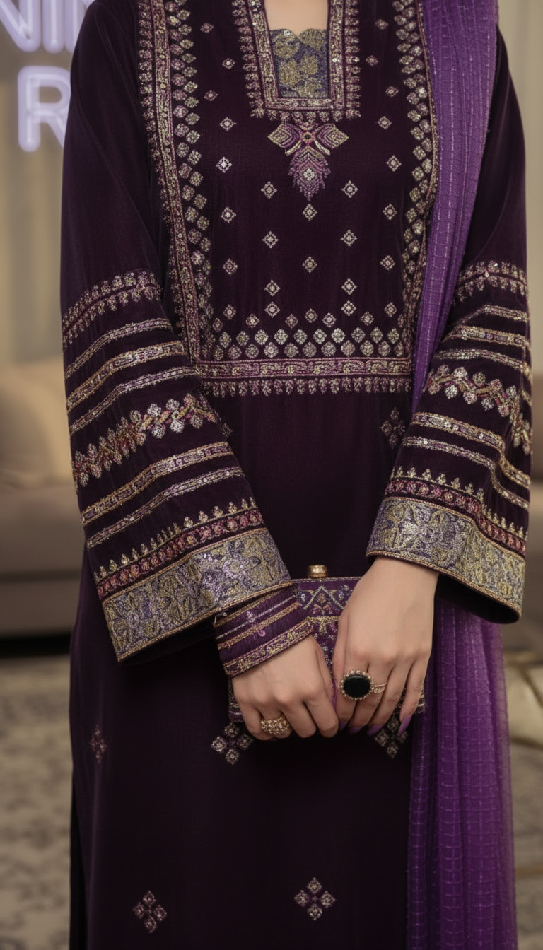 Bohemia burgundy Velvet Embroidered 3 Pcs Dress