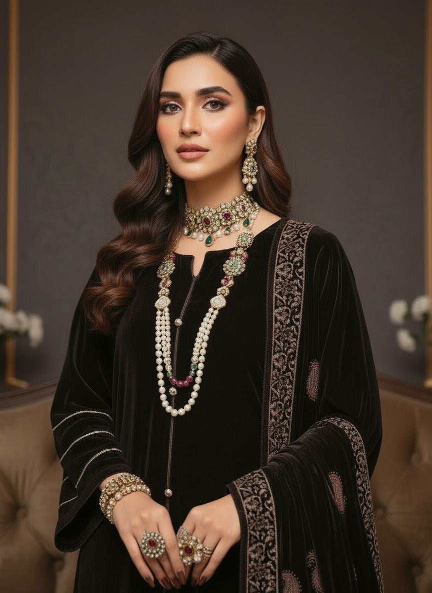 Raniyah Brown Velvet Ready to Wear 3 Pcs Dress