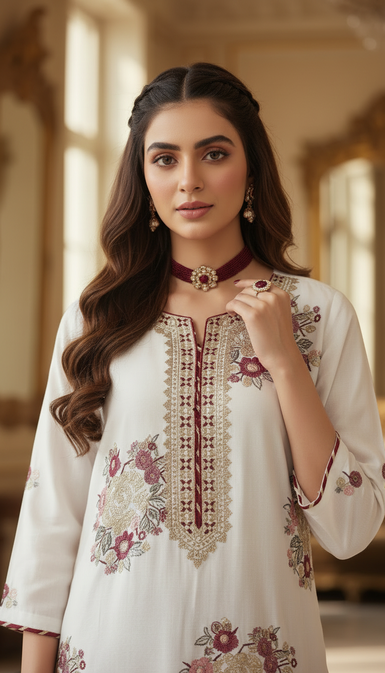 Dua White Ready to Wear 2 Pcs Embroidered Dress