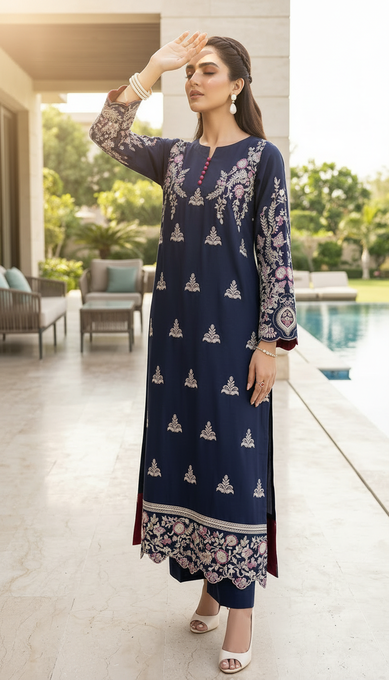 Raisa Navy Fully Embroidered 2 Pcs Dress