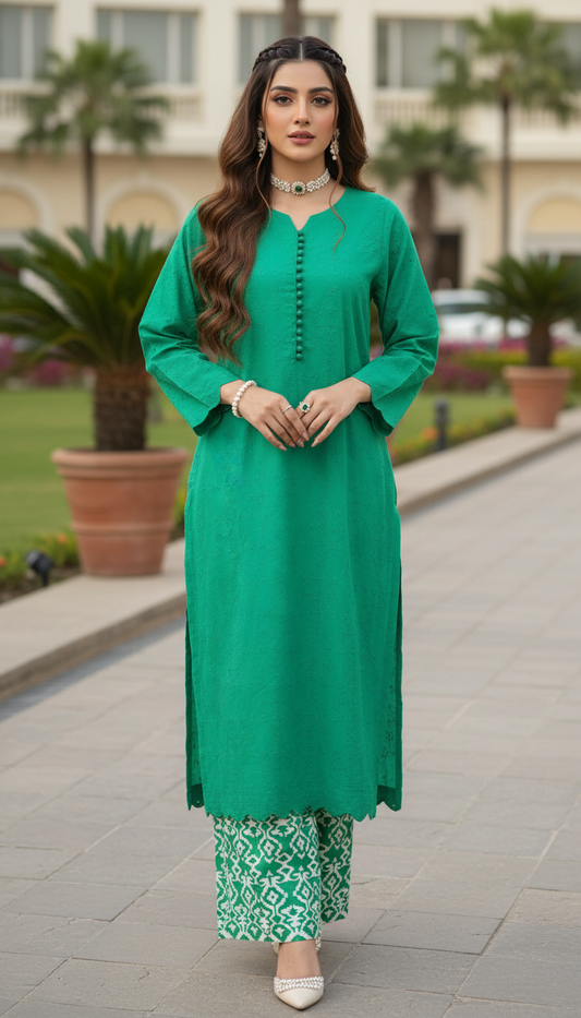 Green Chikankari Ready to Wear 2 Pcs Dress
