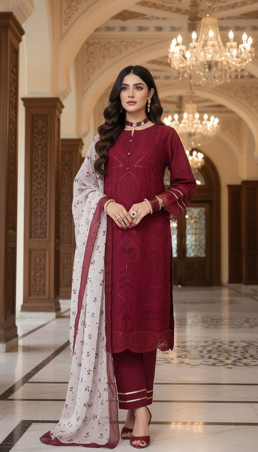 Ulfat Maroon Fully Chikankari Embroidered 3 Pcs Dress with Silk Dopatta