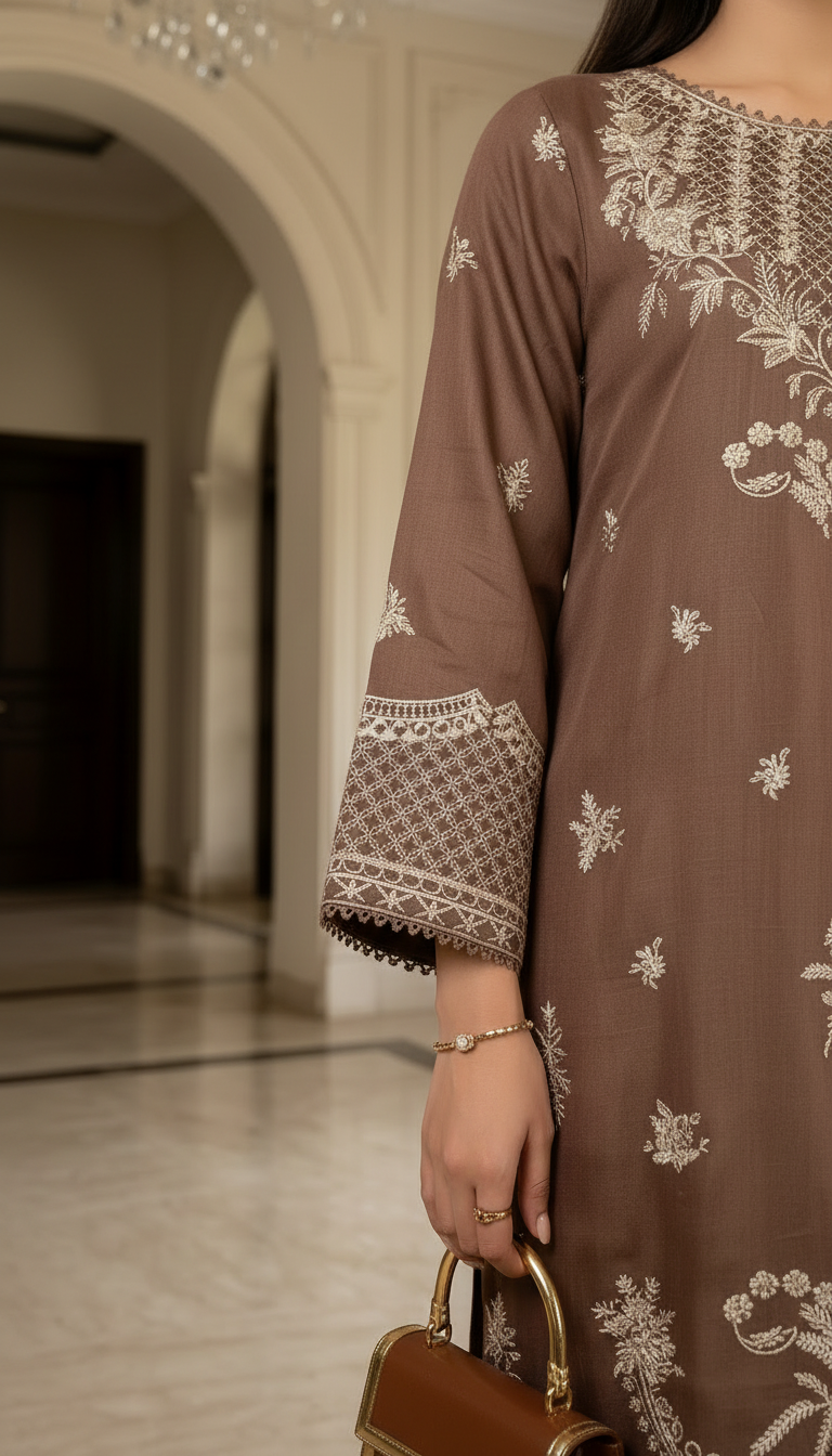 Nisa Dusty Pink Fully Embroidered 2 Pcs Viscose Kaftan
