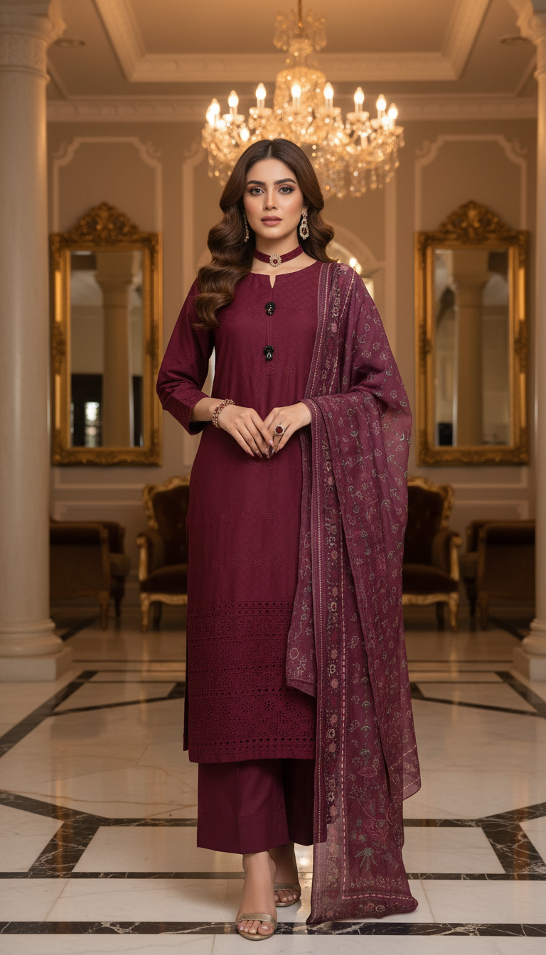 Taiba Maroon Ready to Wear 3 Pcs Chikankari Embroidered Dress