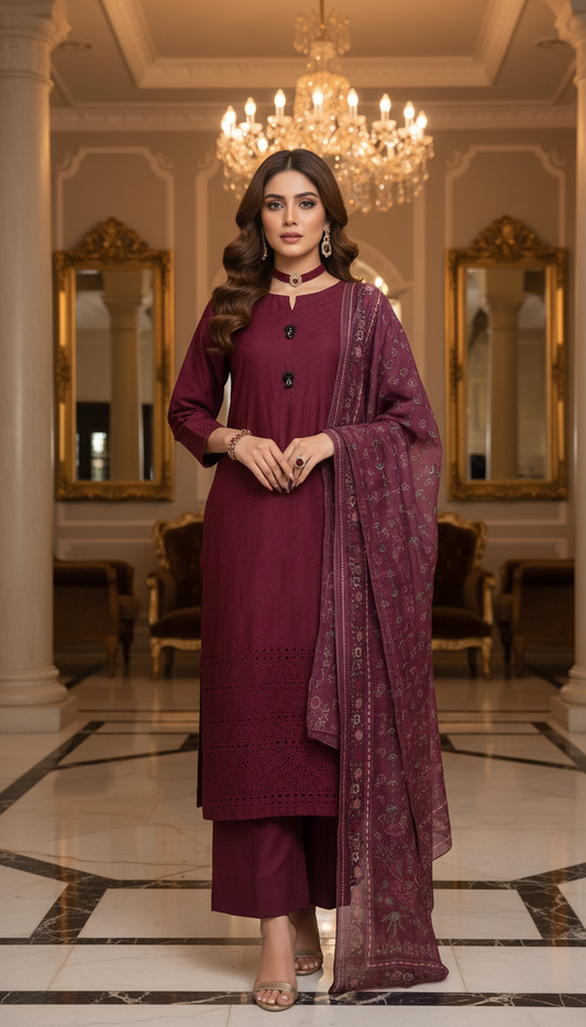 Taiba Maroon Ready to Wear 3 Pcs Chikankari Embroidered Dress