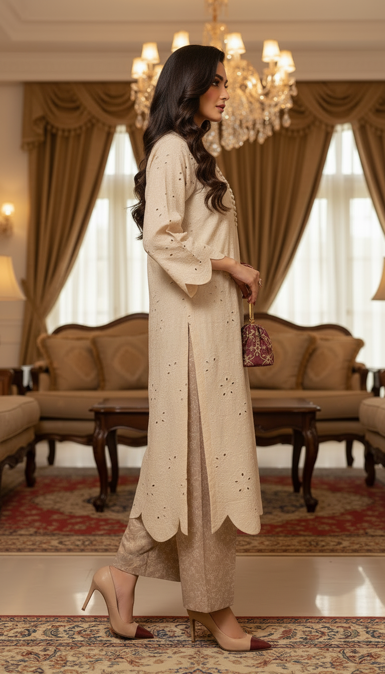 Cream Chikankari Ready to Wear 2 Pcs Dress
