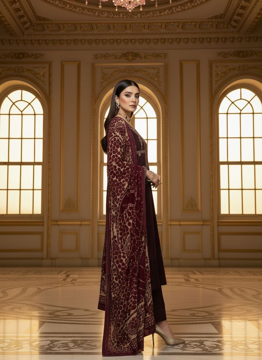 Mumtaz Velvet Embroidered 3 Pcs Dress with Palachi Shawl
