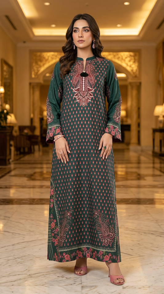 Kashaf Green Linen 2 Pcs Kaftan Dress