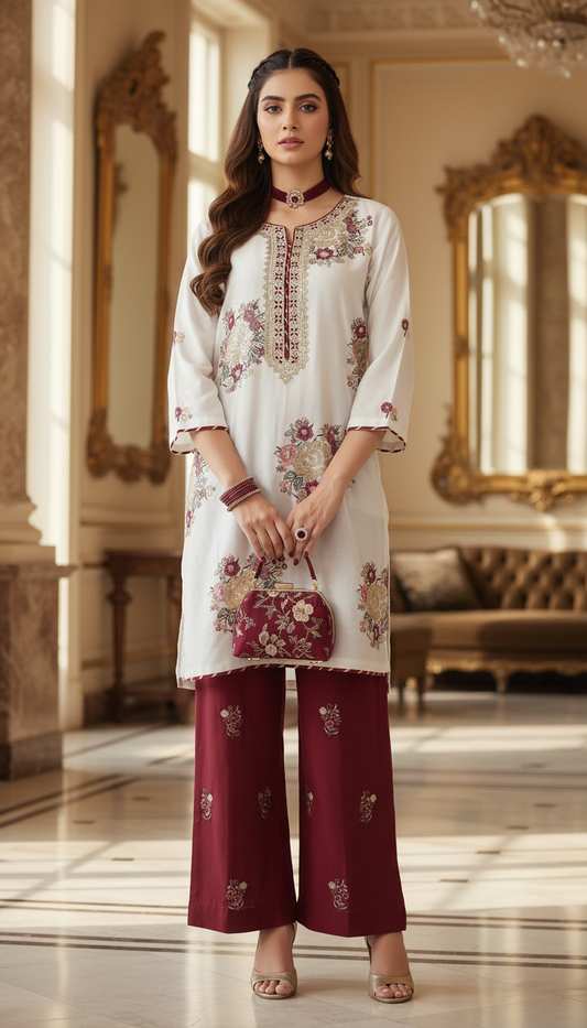 Dua White Ready to Wear 2 Pcs Embroidered Dress