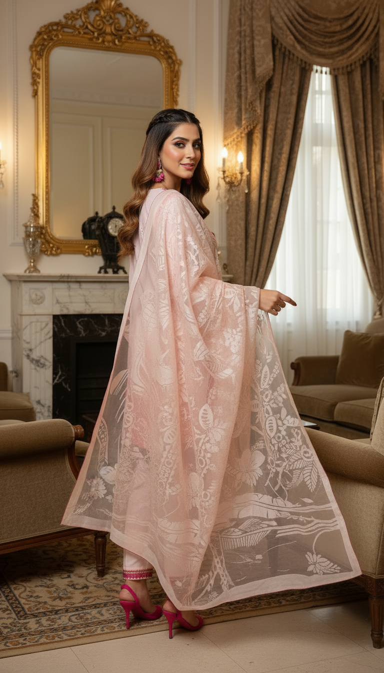 Rhea Pink Full chikankari Embroidered Dress with Jacquard dopatta
