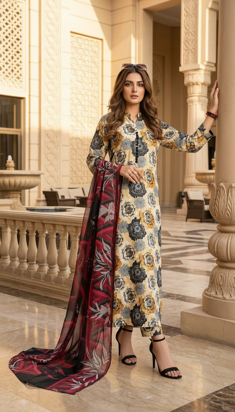 Azma Ready to Wear 3 Pcs Linen Dress with Chiffon dopatta