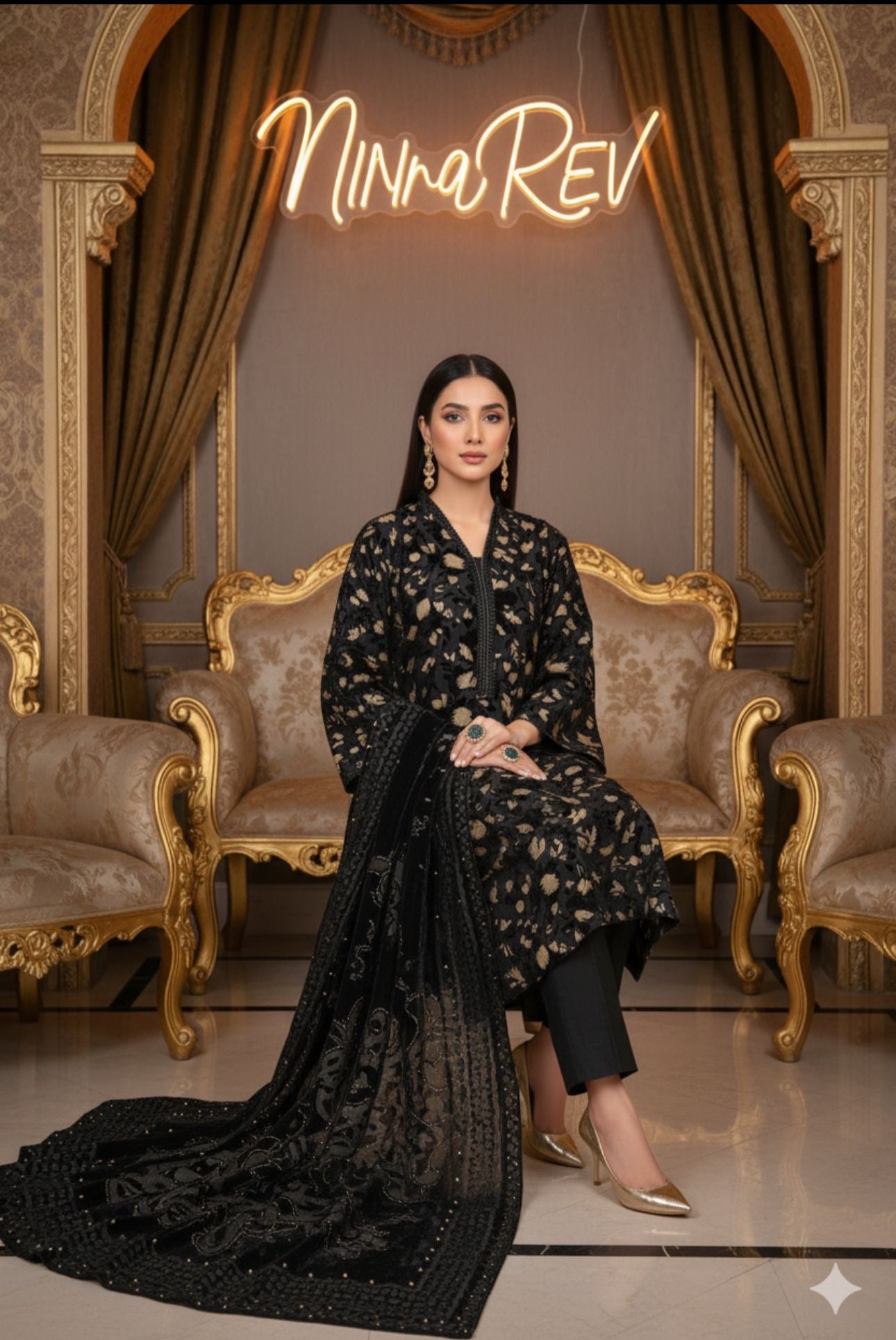 Full Black Palachi Velvet Dress with Palachi Shawl and Velvet Trouser