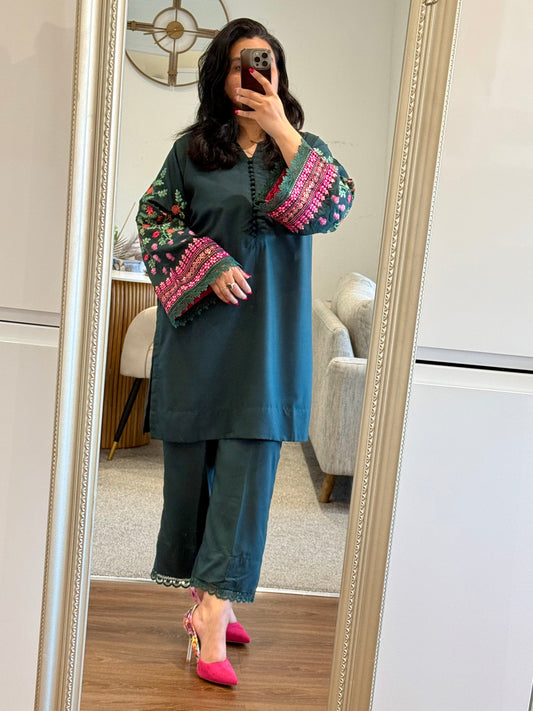 Green Forest Ready to Wear 2 Pcs Embroidered Dress