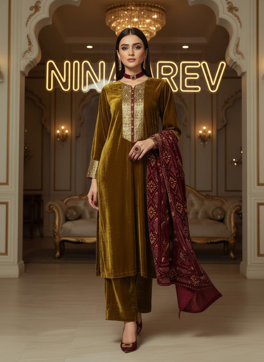 Chamki Velvet Ready to Wear 3 Pcs Dress with Palachi Shawl