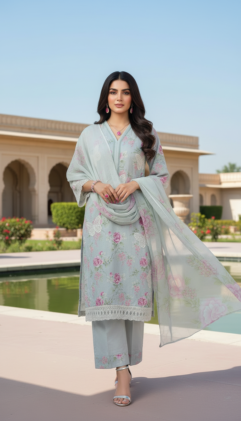Grey Deluxe Ready to Wear 3 Pcs Embroidered Dress with Chiffon dopatta