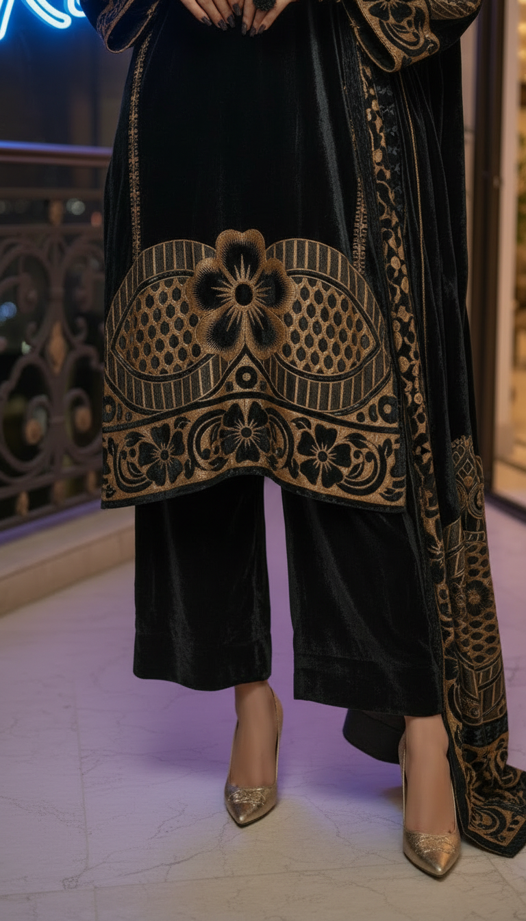 Tia French Velvet Black Dress with Palachi Shawl