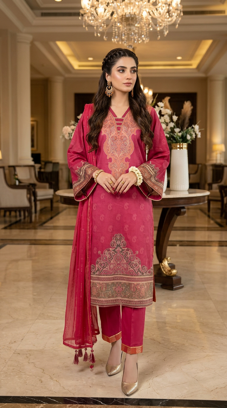 Resham Tussar Silk Ready to Wear 3 Pcs Dress