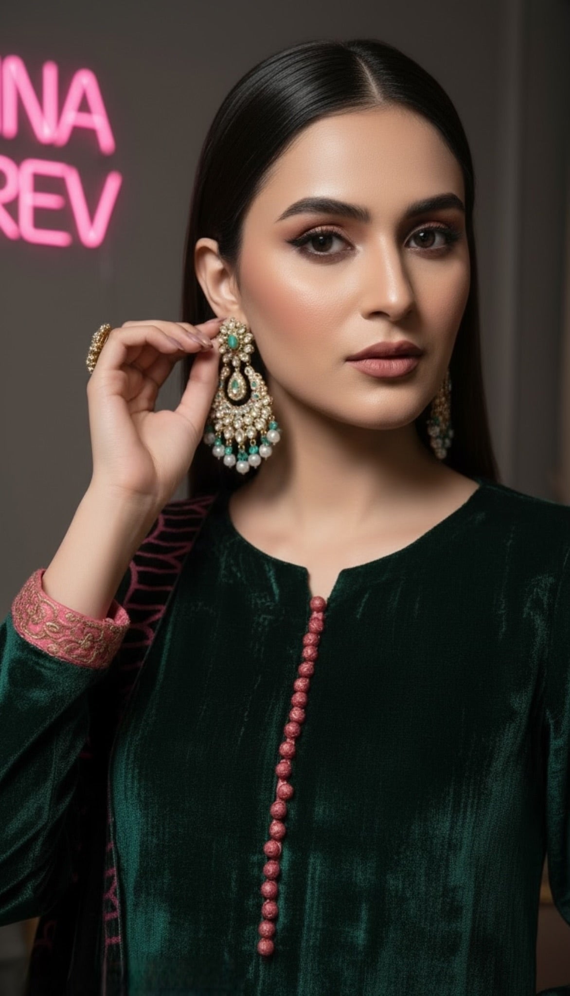 Zinnia French Velvet Green 3 Pcs Dress with Palachi Shawl