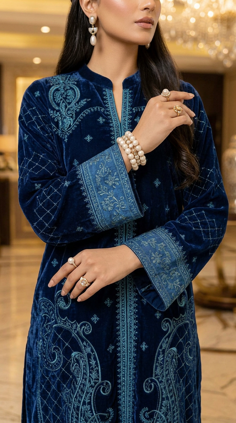 Lazen Navy Velvet Embroidered 2 Pcs Dress